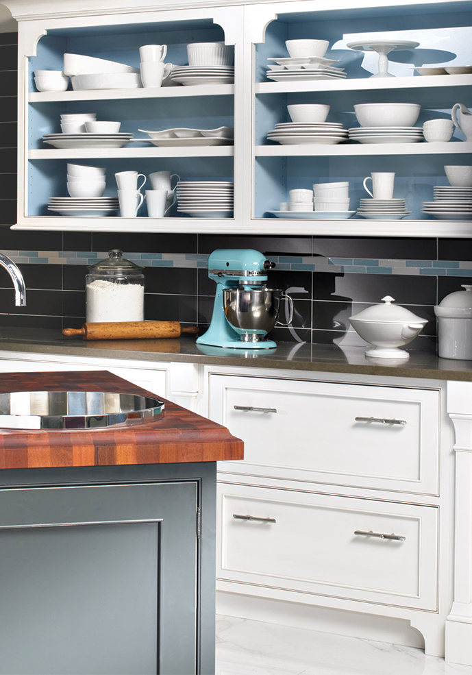 Gray with blue cabinets